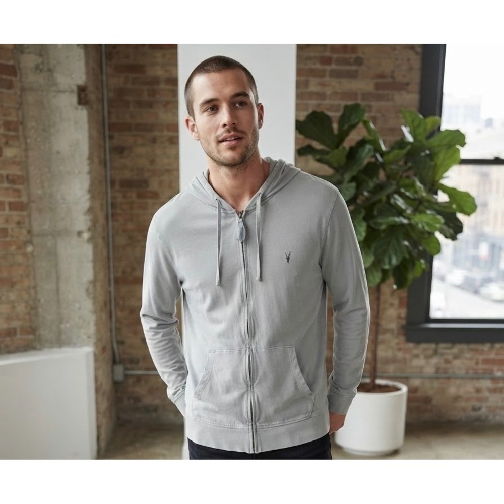 AllSaints Mens Raven Full Zip Hoodie Light Grey Ramskull Logo Cotton XL
